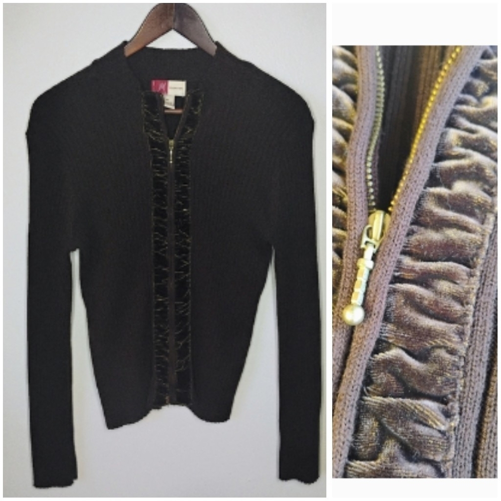 JM Collection‎ Brown Ribbed Knit Velvet Zip Up Cardigan Sweater Size M Grunge